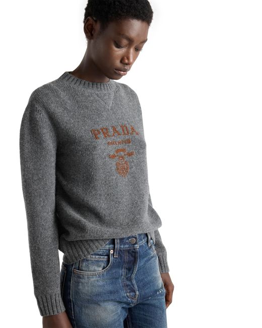 Prada Gray Cashmere And Wool Logo Crew-Neck Sweater