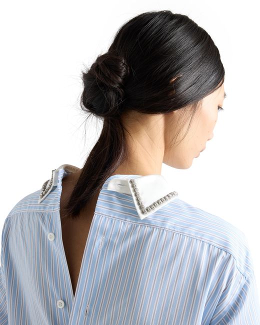 Prada Blue Embroidered Striped Poplin Top