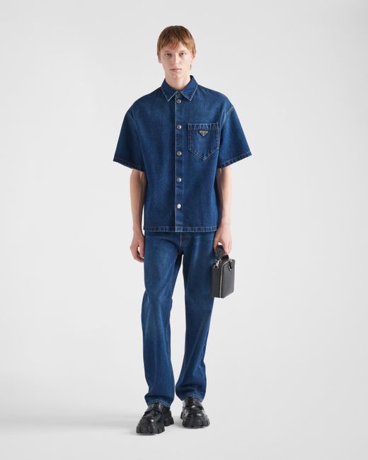 Prada Blue Padded Denim Shirt for men