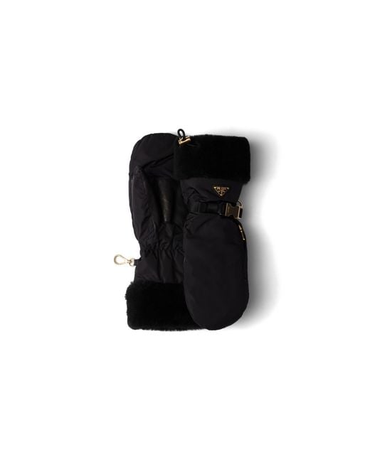 Prada Black Re-Nylon And Shearling Mittens, Size 7