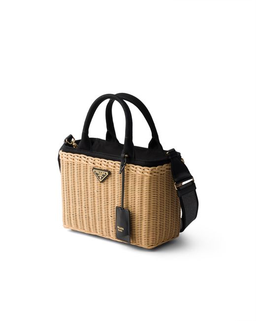 Prada Multicolor Medium Wicker And Canvas Tote Bag
