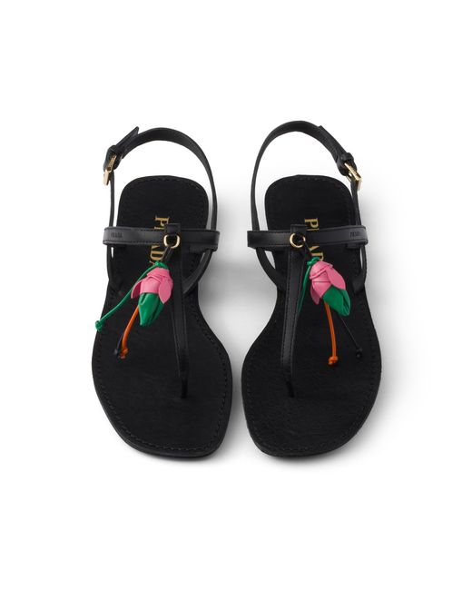 Prada White Antiqued Leather Thong Sandals With Floral Ornament