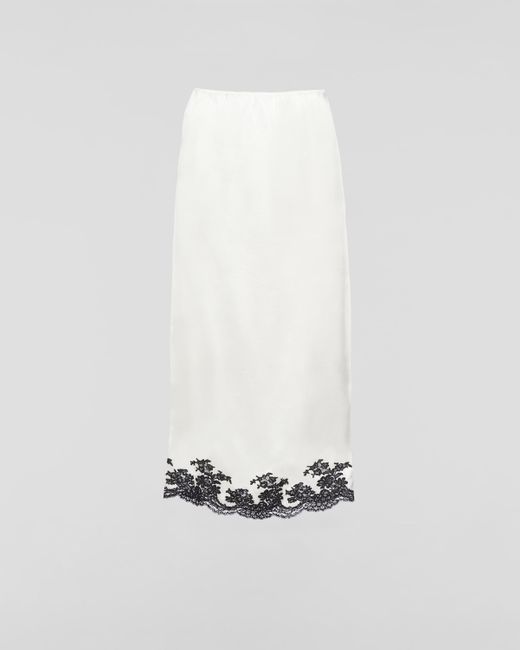 Prada White Lace-trim Elasticated-waist Silk Midi Skirt