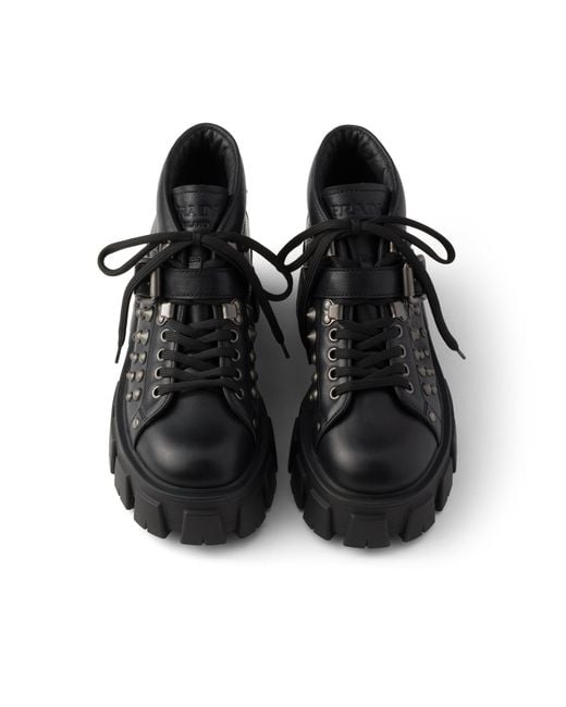 Prada Black Monolith Studded Leather Booties, Size 35