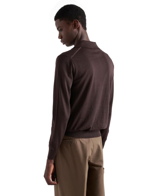 Prada Brown Long-Sleeved Superfine Wool Polo Sweater for men