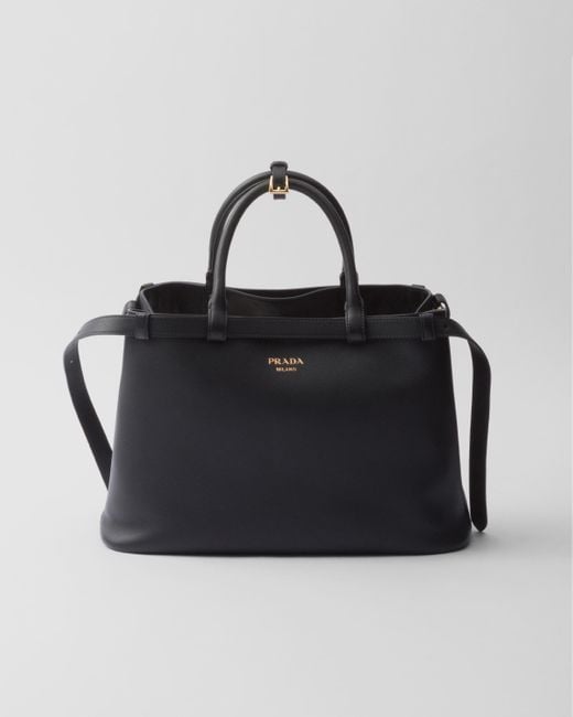 Prada Black Mittelgroße Buckle Handtasche Aus Leder Mit Doppeltem Gürtel