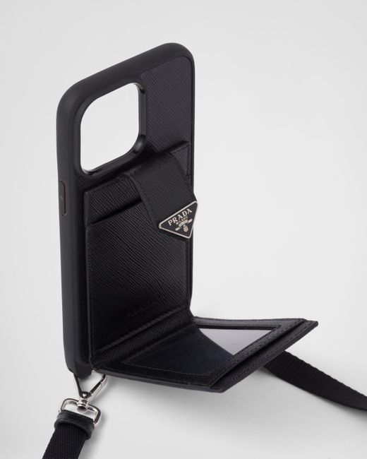 Prada Black Saffiano-leather Case For Iphone 14 Pro Max for men