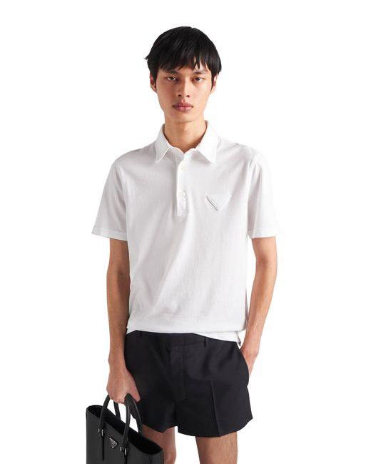 Prada White Logo-Patch Cotton Polo Shirt for men