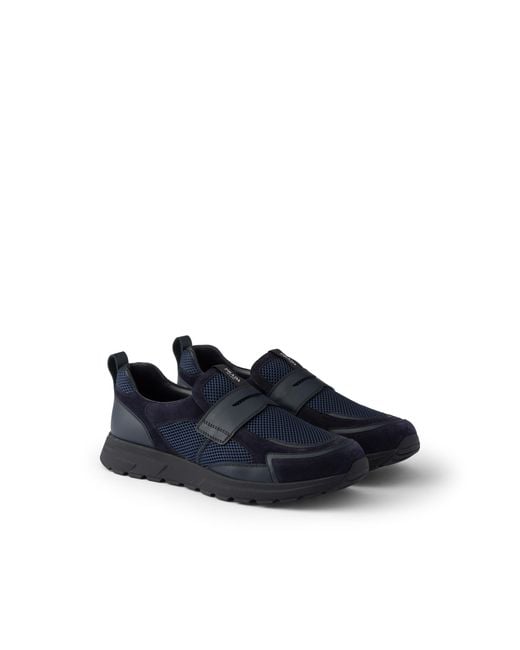 Prada Blue Prax Mesh Fabric And Leather Loafers, Size 5 for men
