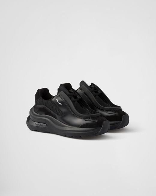 Prada Black Brushed Leather, Bike Fabric, And Suede Sneakers