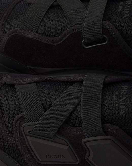 Prada Black Speedrock Leather And Mesh Fabric Sneakers, Size 5 for men