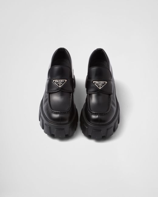 Prada Black Brushed Leather Monolith Loafers