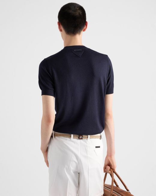Prada Blue Short-Sleeved Cashmere And Silk Sweater for men