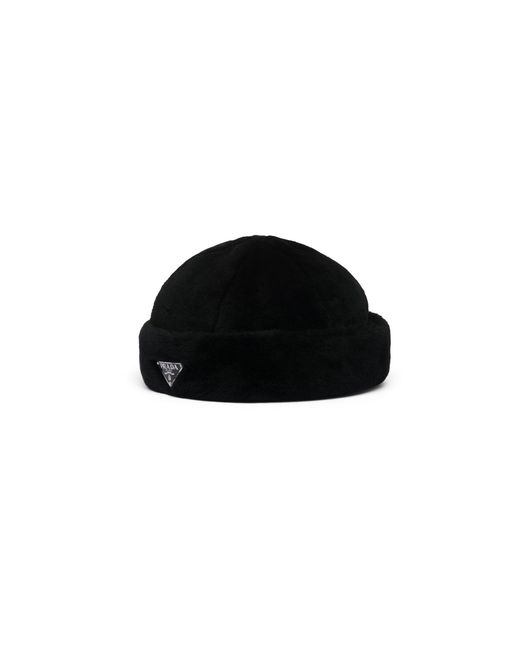 Prada Black Logo Plaque Shearling Hat for men
