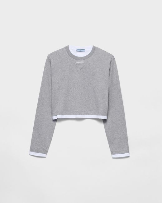 Prada Gray Langarm-T-Shirt Aus Baumwoll-Jersey