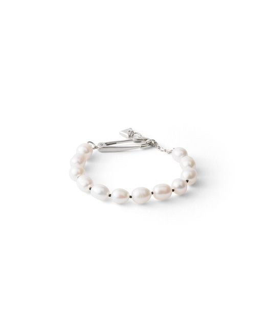 Prada White Metal Bracelet With Pearls, Steel/Pearl