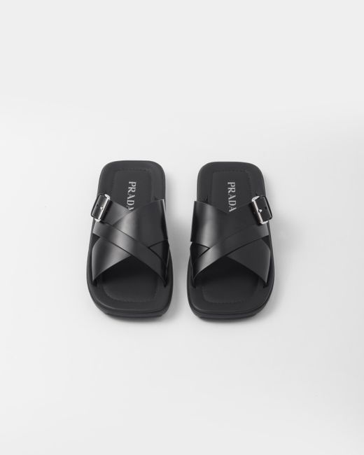 Prada Black Brushed Leather Slides for men