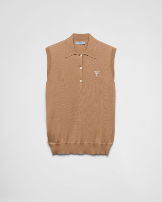 Prada Natural Sleeveless Silk Polo Shirt