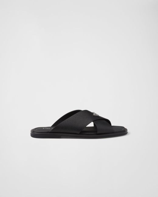 Prada Black Crisscross Saffiano Leather Sandals for men
