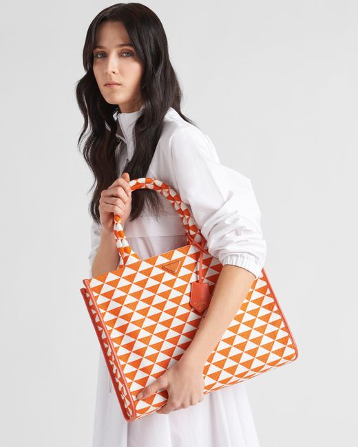Prada Orange Large Symbole Embroidered Fabric Handbag