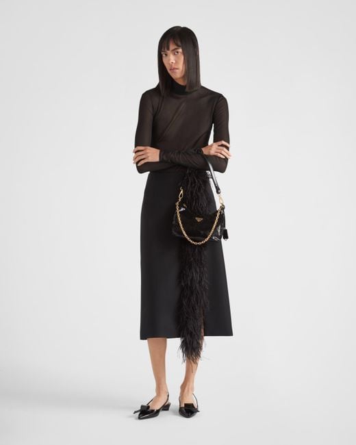 Prada Black Feather-Trimmed Wool Midi Skirt