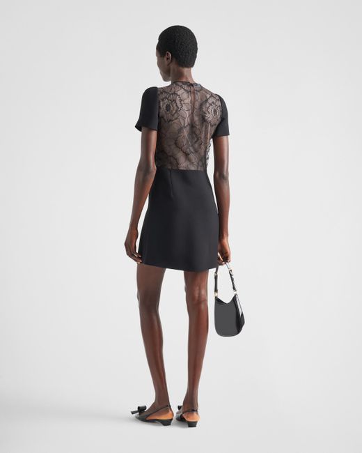 Prada Black Cady And Lace Mini-dress