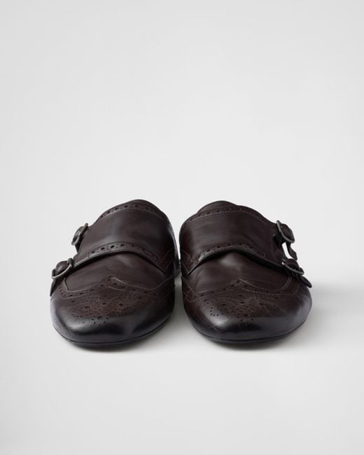 Prada Shuffle Antiqued Leather Double Monk Strap Mules in
