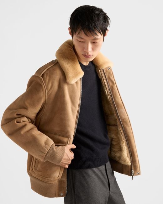 Prada Natural Suede And Shearling Bomber Jacket for men