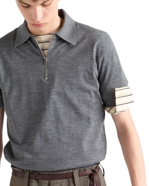Prada Gray Superfine Wool Polo Shirt for men