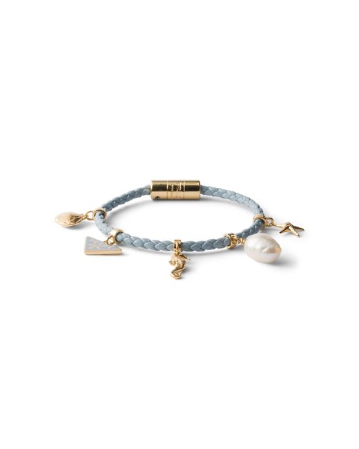 Prada White Braided Nappa Leather Charm Bracelet