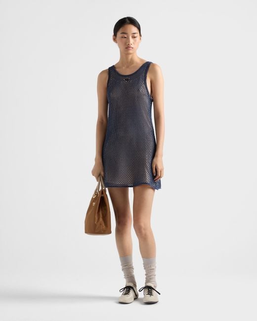 Prada Blue Kleid Aus Baumwoll-Meshgewebe