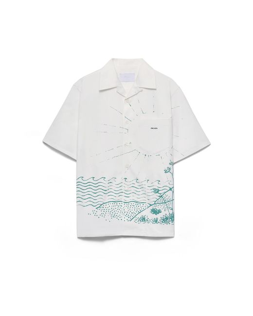 Prada White Printed Cotton Bowling Shirt for men