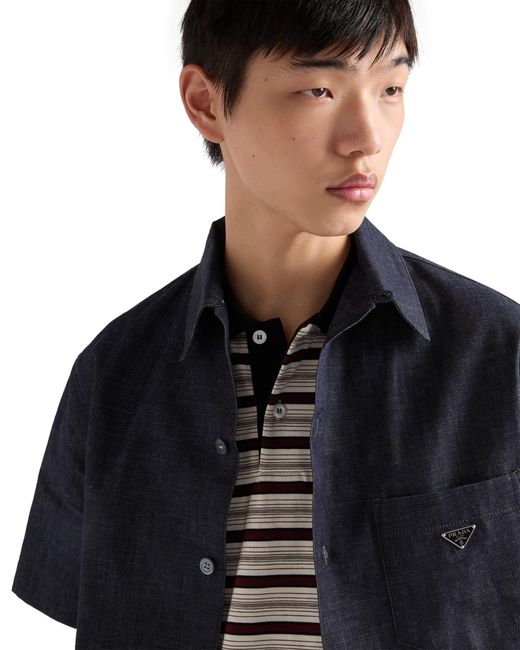 Prada Blue Short-Sleeved Chambray Denim Shirt for men