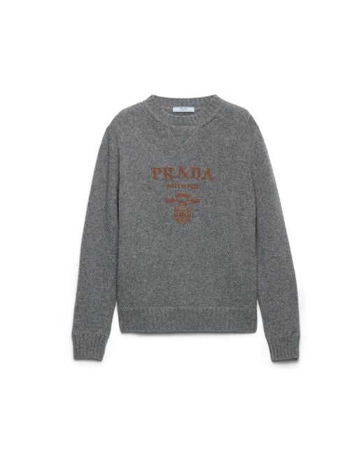 Prada Gray Cashmere And Wool Logo Crew-Neck Sweater