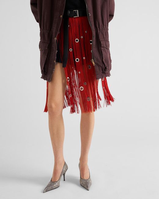 Prada Red Midi-Skirt With Fringe And Grommet Embellishment