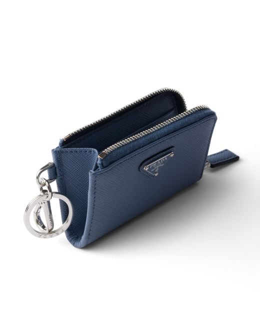 Prada Blue Saffiano Leather Mini Pouch With Keychain for men