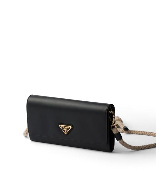 Prada Black Leather Wallet With Shoulder Strap
