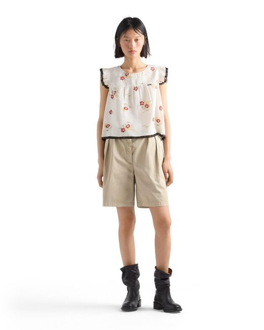 Prada White Linen Top With Floral Motif