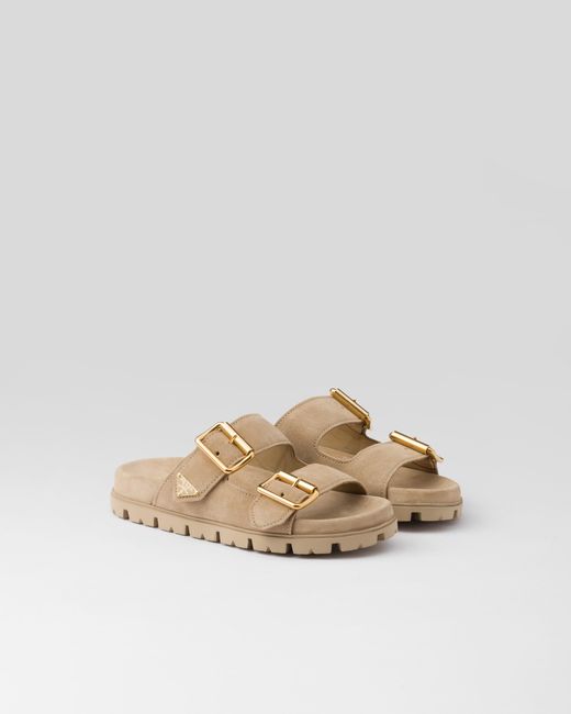 Prada Brown Wildleder-Pantoletten Mit Triangel-Logo