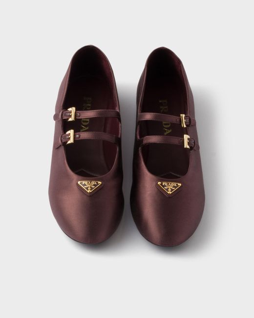 Prada Double-Strap Satin Mary Jane Flats in Brown | Lyst UK