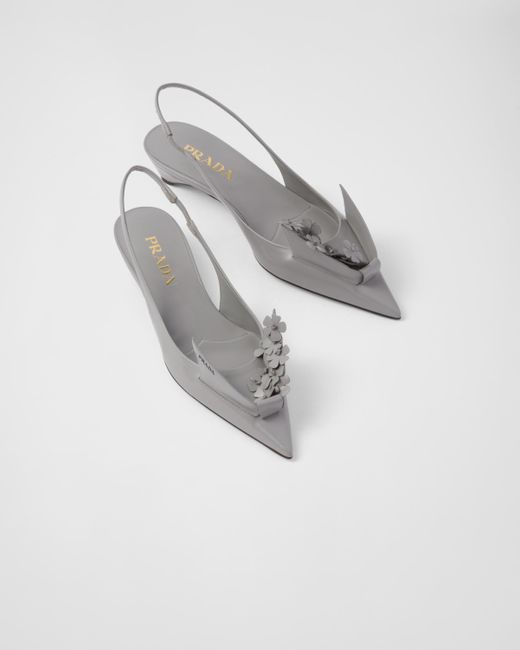 Prada White Brushed Leather Slingback Pumps With Floral Appliques