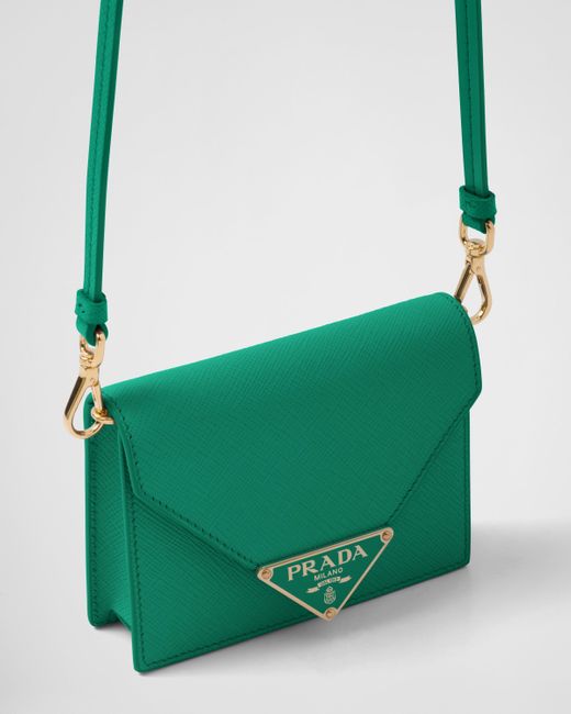 Prada Green Saffiano Leather Card Holder With Shoulder Strap