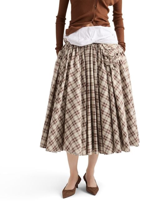 Prada Natural Embroidered Checked Poplin Dress, Ivory/Cocoa