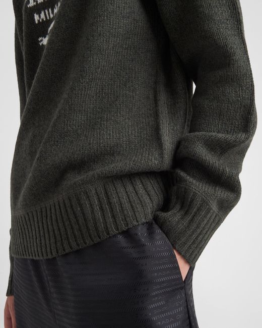 Prada Green Cashmere And Wool Logo Crew-Neck Sweater