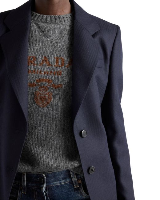 Prada Gray Cashmere And Wool Logo Crew-Neck Sweater