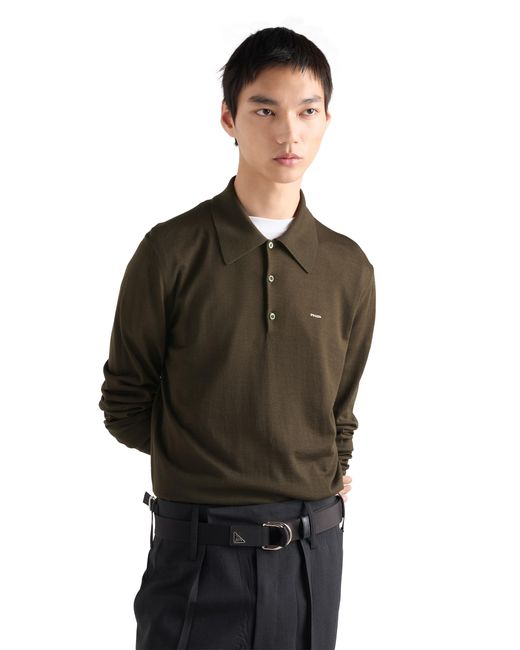 Prada Green Long-Sleeved Superfine Wool Polo Sweater, Forest for men