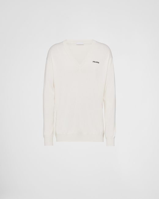 Prada White V-neck Cashmere Sweater for men
