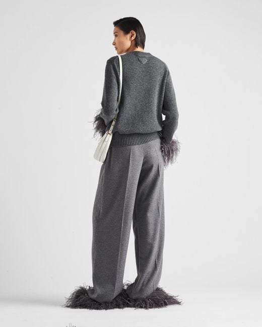 Prada Gray Cashmere Pants With Feathers