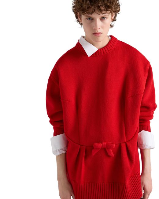 Prada Red Wool Cardigan With Bow