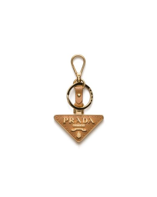 Prada White Saffiano Leather And Metal Keychain